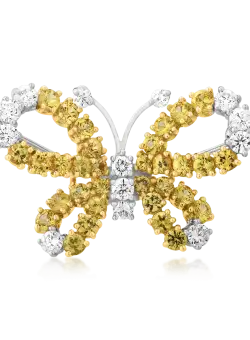 Brosa fluture din aur alb-galben de 18K cu safire galbene de 1.92ct si diamante de 0.68ct