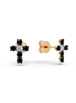 Cercei cruciulite din aur galben cu diamante negre si incolore de 0.1ct