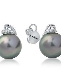 Cercei din aur alb cu diamante de 0.06ct si perle de cultura