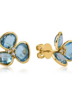 Cercei floare din aur galben cu topaze albastre de 10.3ct si diamante de 0.09ct