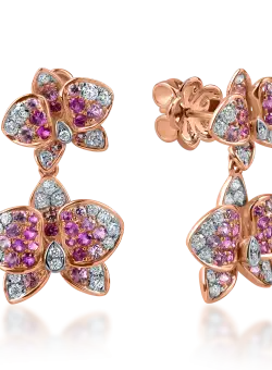 Cercei flori din aur roz cu safire roz de 0.8ct si diamante de 0.4ct