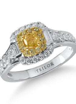 Inel clasic din aur alb-galben cu diamante galbene si incolore de 1.6ct