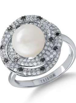 Inel din aur alb cu perla de cultura de 4.5ct si diamante de 0.7ct
