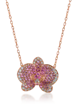 Lant cu pandantiv floare din aur roz cu safire roz de 1.31ct si diamante de 0.38ct