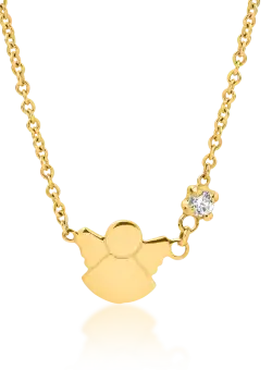 Lant cu pandantiv ingeras pentru copii din aur galben de 14K cu diamant de 0.02ct