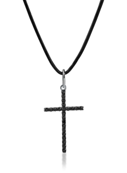 Lant textil cu pandantiv cruce din aur alb cu diamante negre de 0.9ct pentru barbati
