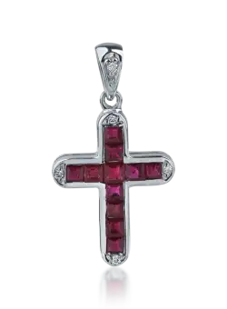 Pandantiv cruce din aur alb de 18K cu rubine de 0.66ct si diamante de 0.03ct