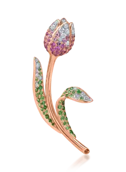 Brosa lalea din aur alb-roz cu pietre pretioase si semipretioase de 1.4ct