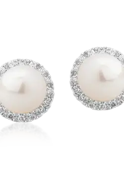 Cercei din aur alb cu diamante de 0.093ct si perle de cultura