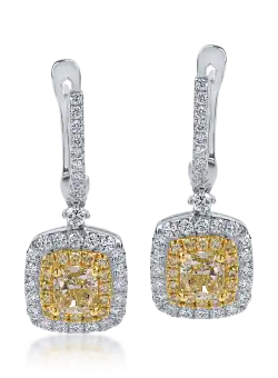 Cercei din aur alb-galben cu diamante galbene de 1.84ct si diamante transparente de 0.97ct