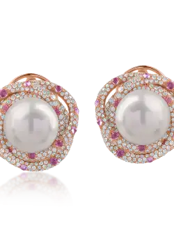 Cercei din aur roz cu perle de cultura de 46.6ct si pietre pretioase de 6.34ct
