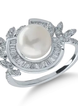 Inel din aur alb cu perle de cultura de 3.81ct si diamante de 0.44ct