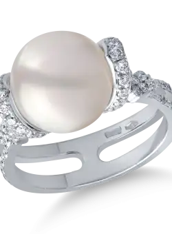 Inel din aur alb de 18K cu perla de cultura de 14.2ct si diamante de 0.55ct