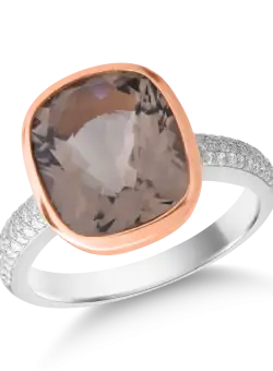 Inel din aur alb-roz de 14K cu quartz fumuriu de 5.12ct si diamante de 0.22ct