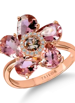 Inel floare din aur roz cu pietre pretioase si semipretioase de 3.9ct