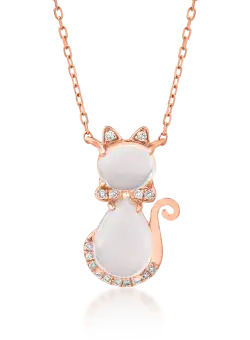 Lant cu pandant pisicuta pentru copii din aur roz de 14K cu quartz trandafiriu de 1.34ct si diamante de 0.03ct