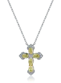 Lant cu pandantiv cruce din aur alb cu diamante galbene de 1.25ct si diamante transparente de 0.13ct