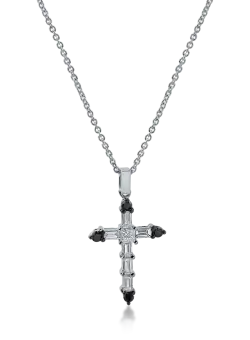 Lant cu pandantiv cruce din aur alb cu diamante negre de 0.10ct si diamante incolore de 0.3ct