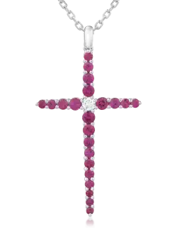 Lant cu pandantiv cruce din aur alb de 18K cu diamant de 0.09ct si rubine de 1.08ct
