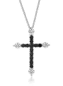 Lant cu pandantiv cruce din aur alb de 18K cu diamante transparente de 0.5ct si diamante negre de 0.53ct