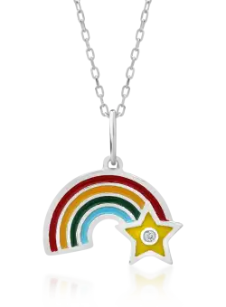 Lant cu pandantiv curcubeu pentru copii din aur alb de 14K cu diamant de 0.003ct