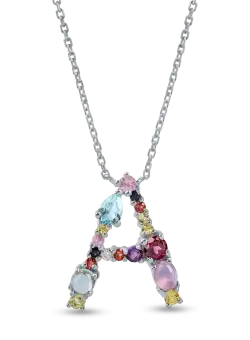 Lant cu pandantiv initiala din aur alb cu pietre pretioase si semipretioase de 1.1ct