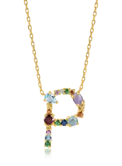 Lant cu pandantiv initiala din aur galben cu pietre pretioase si semipretioase de 1ct