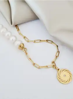 Lantisor cu Perle - Spirala de picaturi - Model 5 perle imbinate cu un lant cu zale - Diamant natural - Argint 925 placat cu Aur Galben 18K