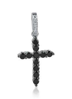 Pandant cruce din aur alb negru cu diamante negre de 0.3ct si diamante incolore de 0.05ct