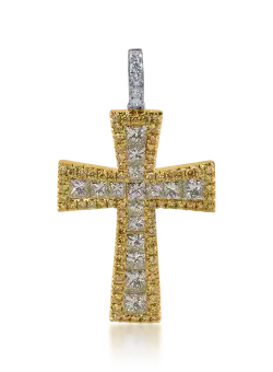 Pandantiv cruce din aur alb-galben cu diamante galbene de 2.5ct si diamante incolore de 0.08ct