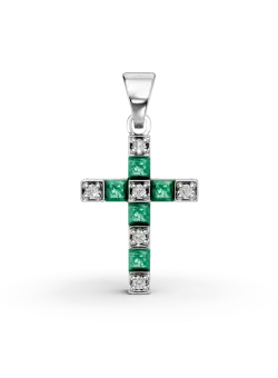 Pandantiv cruciulita din aur alb cu smaralde de 0.2ct si diamante de 0.04ct