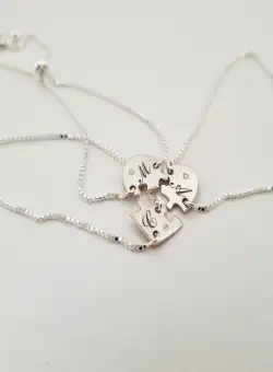 Set 3 bratari cu Diamant natural - Inima puzzle - Pandantive personalizate cu initiale - Lantisor glisant ajustabil - Argint 925