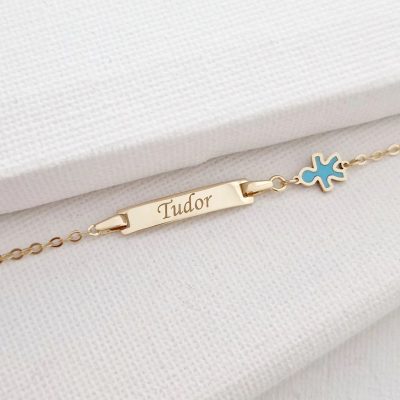 Bratara bebe - Personalizata cu nume - Placuta cu baiat si lant gros - Aur Galben 14K si Blue Mother of Pearl