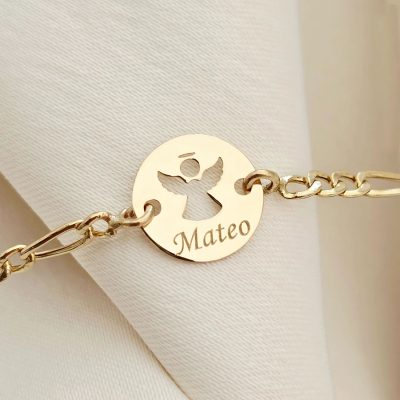 Bratara personalizata - Banut 10 mm - Inger pazitor decupat cu aripi deschise - Aur Galben 14 K - Cu lantisor fata/baiat