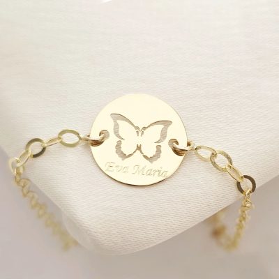 Bratara personalizata cu nume - Fluture decupat - Aur Galben 14K - Banut 12 mm diametru - Cu lantisor fata/baiat