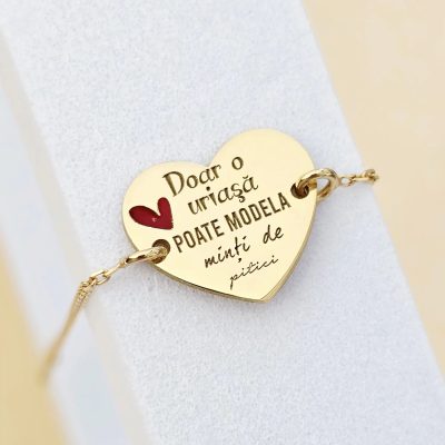Bratara personalizata - Educatoare/Invatatoare - Inima decorata cu email - Argint 925 placat cu Aur Galben 18K - cu lantisor