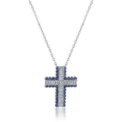 Lant cu pandantiv cruce din aur alb cu diamante baguette si rotunde de 0.93ct si safire de 0.48ct