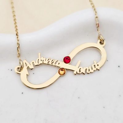 Lantisor Etern - Infint cu 2 nume decupate si cristale Swarovski - Argint 925 placat cu Aur Galben 18K