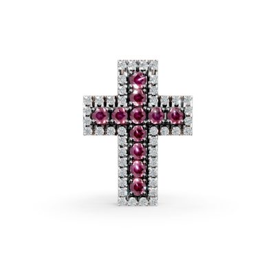 Pandantiv cruce din aur roz cu rubine de 0.287ct si diamante de 0.121ct